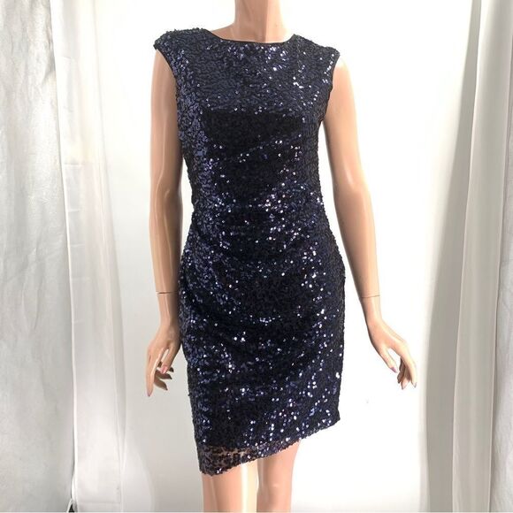 Xscape BYJOANNA CHEN Open Back.Violet Sequined Cap Sleeve Cocktail Wiggle Dress - Picture 1 of 11